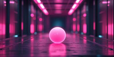 Glowing orb at end of pink neon lit spaceship corridor. photo