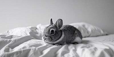 Adorable furry creature with large eyes resting on a bed. photo