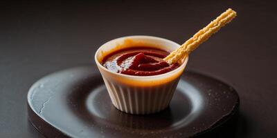 Delicious sauce served in a small edible cup with a wafer stick for dipping in a dark chocolate setting. photo