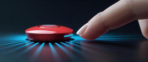 Finger Touching Red Biometric Sensor with Blue Light Rays on Dark Background photo