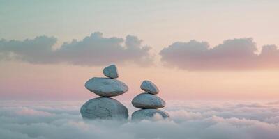 Two stacked rocks in the clouds with a sunset photo