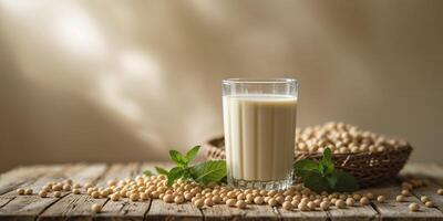 Soy milk in a glass on a wooden table photo