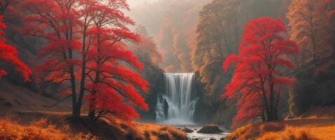 A waterfall in the middle of a forest with red trees photo