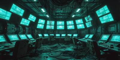 A room with multiple computer screens and wires photo