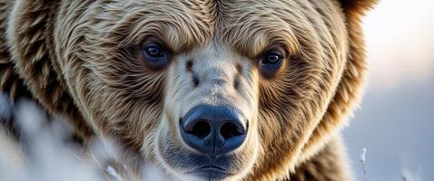 A close up image showing the face of a bear. photo