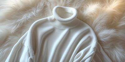 Cozy White Turtleneck Sweater on Soft White Fur Background Ideal for Fashion Presentation and Apparel Mockup Display photo