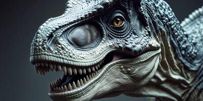 A tight shot of a dinosaur's face reveals a toothy grin forming on the left side photo