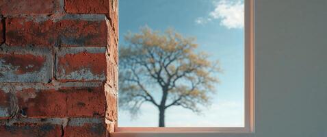 A tight shot of a brick wall next to a window with its pane displaying a tree in the background photo