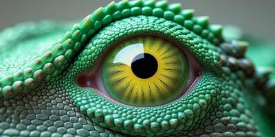 A close up of a green lizard eye with a yellow pupil photo