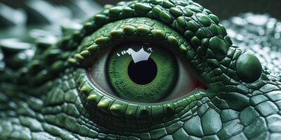A close up of a green crocodile eye with a green iris. photo