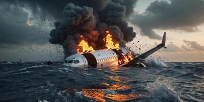 A plane crashing into ocean waters engulfed in flames dramatically. photo