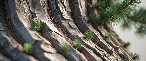 A tight shot of a tree's rough bark and a pine tree's spiky needles embedded in it. photo