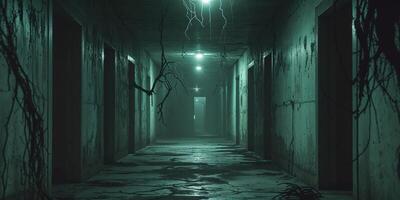 Dark corridor filled with ghostly shadows and eerie light evokes a sense of dread and suspense in a cinematic horror setting. photo