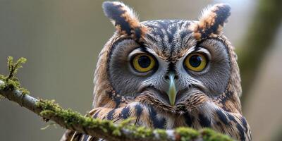 Captivating Close up of an Owl with Glowing Yellow Eyes Perched on a Branch. photo