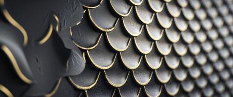 A tight shot of a black and gold fish scale design embellishing a textured wallpaper. photo