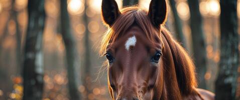 A tight shot of a horse's head as the sun filters through the tree trunks behind photo