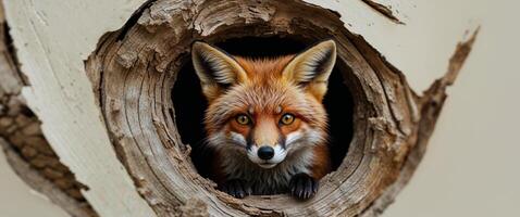 A tight shot of a small fox peering from a tree trunk hole with widened eyes. photo