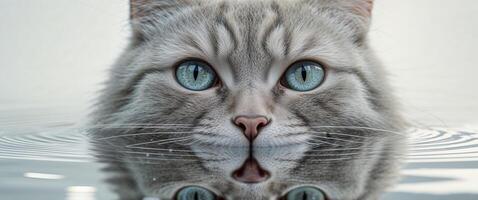 A tight shot of a cat's face mirrored in water's surface. photo