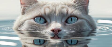 A tight shot of a cat's face mirrored in water's surface photo