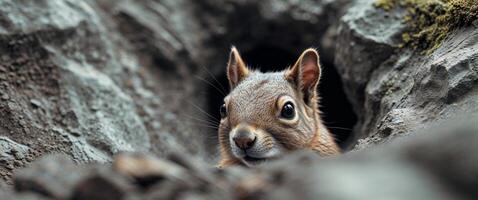 A tight shot of a squirrel's face emerging from a rocky mound photo