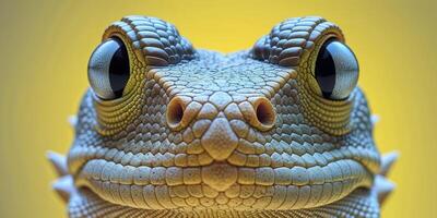 A close up of a lizard's face with a yellow background. photo