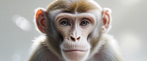 A tight shot of a monkey's face exhibiting blurred features and hazy eyes. photo