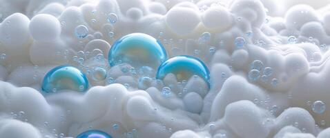 Close Up of Blue Bubbles and Foamy Texture Creating a Serene and Refreshing Visual Experience for Relaxation. photo