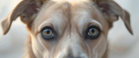 A tight shot of a dog's expressive eyes with a softly blurred backdrop photo