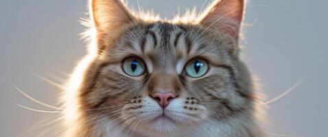 A tight shot of a cat's face with backlit illumination from above. photo