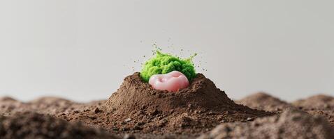 A small pink pig is sitting on top of a mound of dirt photo