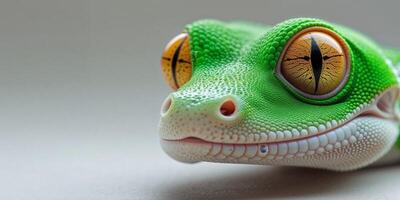 A close up of a green gecko's face with orange eyes. photo