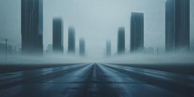 Desolate asphalt street with skyscraper silhouettes and dramatic fog offering ample space for text and creative designs photo