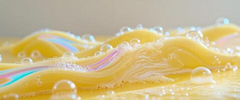 Bright soap streaks and bubbles on yellow surface for cleaning themes. photo