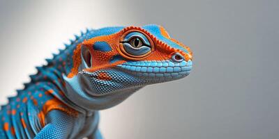 A lizard with orange and blue markings on its face and body. photo