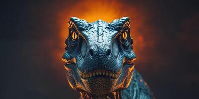 A tight shot of a dinosaur's face with an orange light illuminating in the background photo