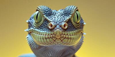 A close up of a lizard's face with a yellow background photo
