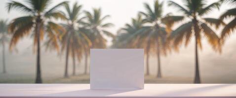 A white card on a pink table with palm trees in the background. photo