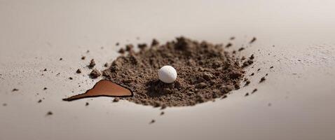 A tight shot of dirt displaying a white speck in its center and a distinct brown mark photo