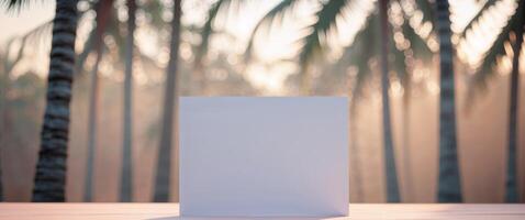 A white card on a pink table with palm trees in the background photo