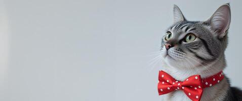 A tight shot of a feline donning a red bow tie adorned with a white polka dot on its collar photo