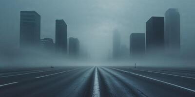 Desolate asphalt street with skyscraper silhouettes and dramatic fog offering ample space for text and creative designs. photo