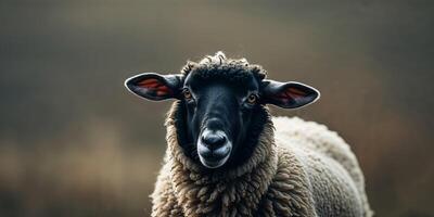 Black sheep smiling playfully a curious gaze intriguing background. photo