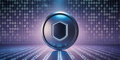 Digital Data Security Shield with Binary Code Background. photo
