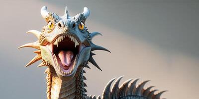 A drawing of a dragon with its mouth open and its eyes wide open photo