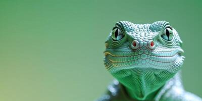 A close up of a lizard's face with a green background photo