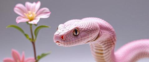 A tight shot of a pink snake's head with a pink flower in the foreground and another in the background. photo