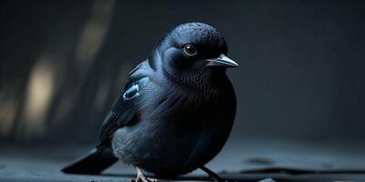 A black bird with blue eyes is standing on the ground photo