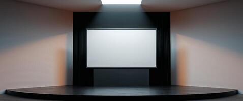 An empty room with a white screen on a pedestal photo