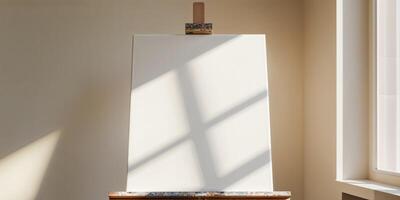 An easel with a white canvas on it in front of a window photo
