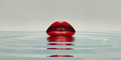 A red lips is floating in water with a reflection photo